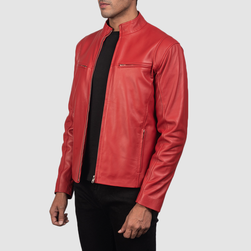 Mens Ionic Red Leather Biker Jacket 3