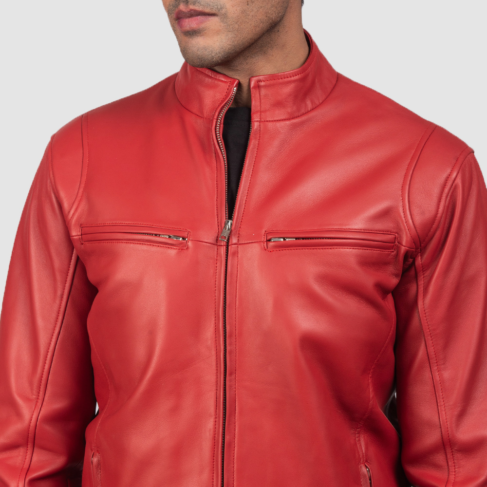 Mens Ionic Red Leather Biker Jacket 6