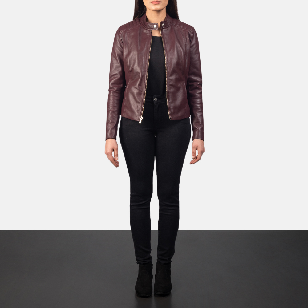 Women's Kelsee Maroon Leather Biker Jacket 1