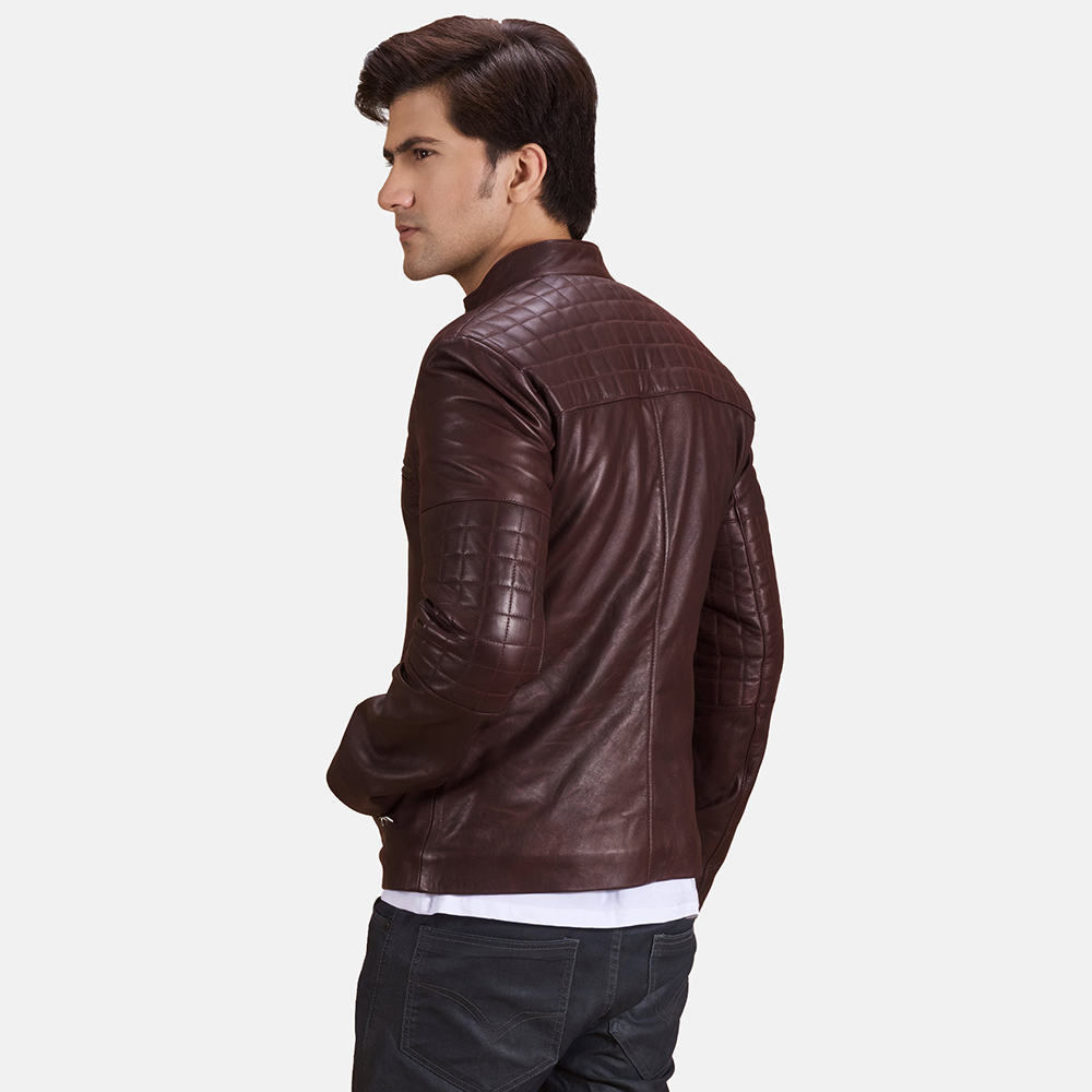 Mens Urbane Quilted Maroon Leather Biker Jacket