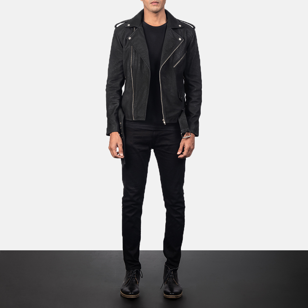 Men's Allaric Alley Distressed Black Leather Biker Jacket