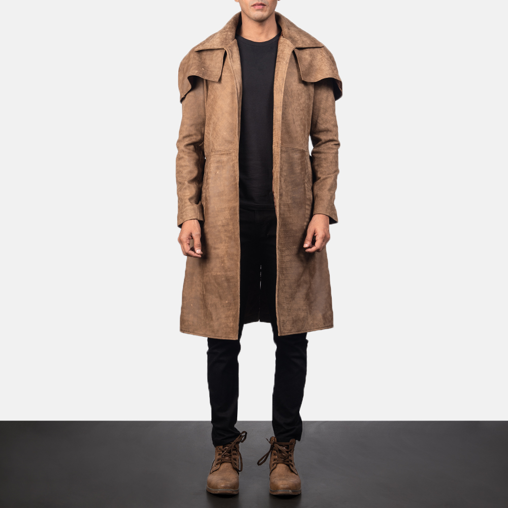 Men's Army Brown Leather Duster