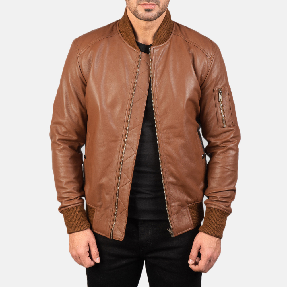 ma-1 brown full grain leather jacket