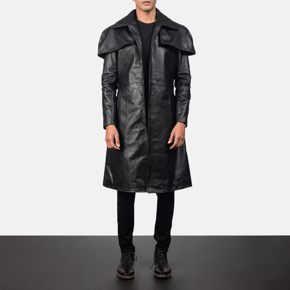 Black Leather Trench Coat Mens Full Length,Leather Duster Coat Long Warm  Winter Overcoat for Men