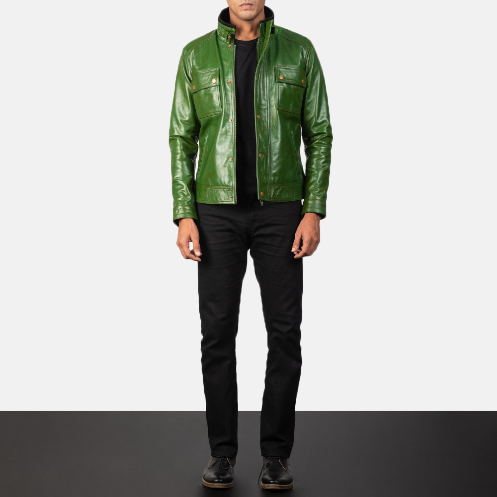 Men's Darren Distressed Green Leather Biker Jacket