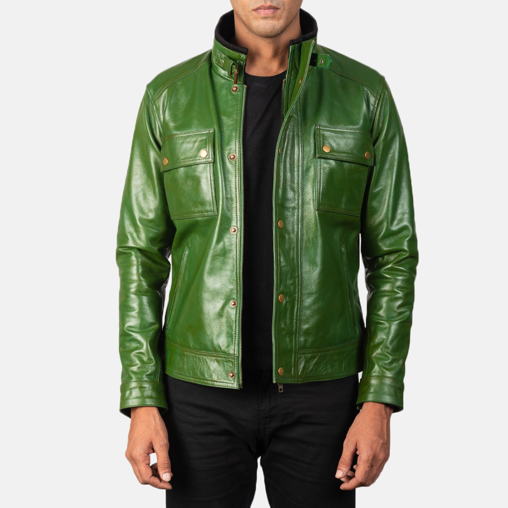 Men's Darren Distressed Green Leather Biker Jacket