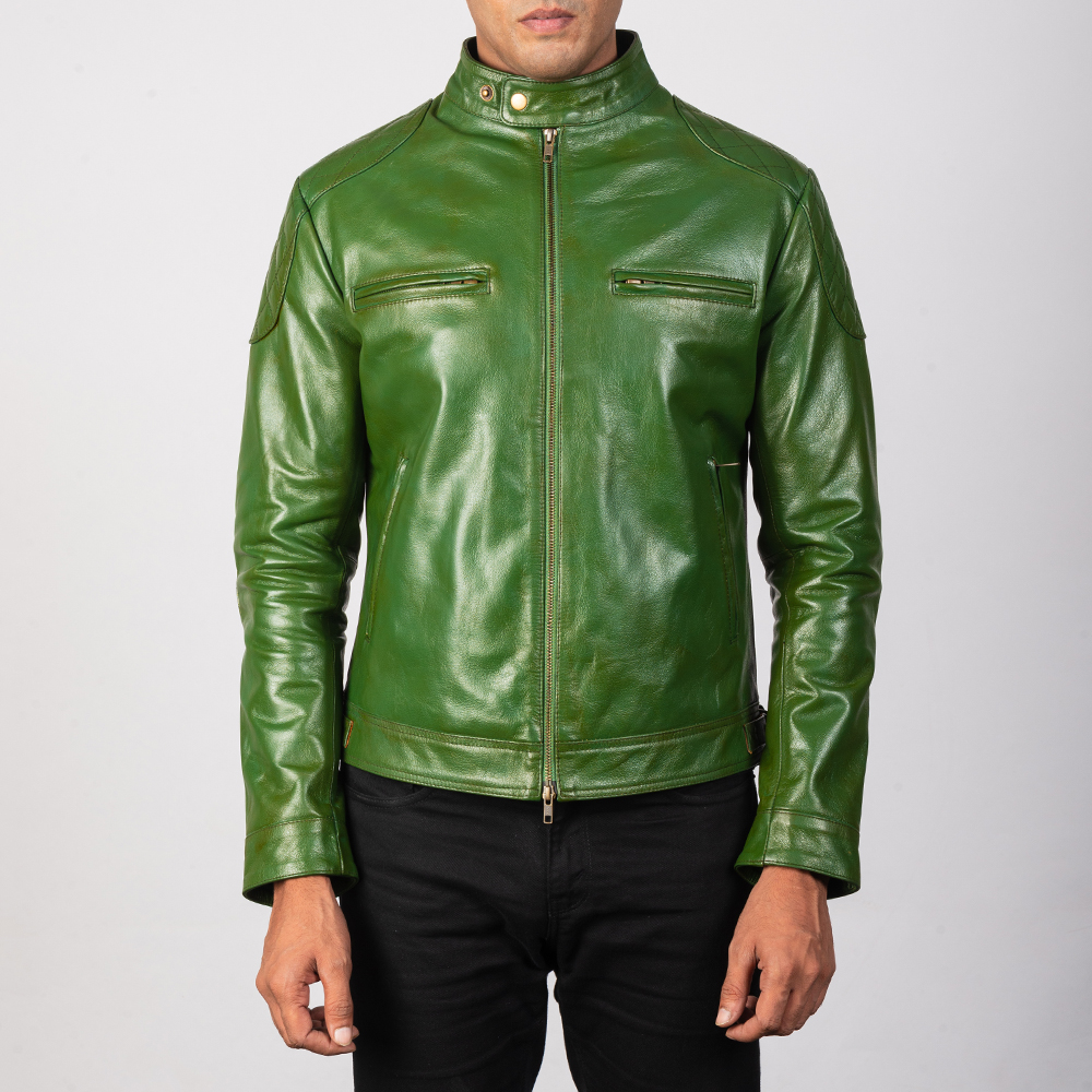 Men's Gatsby Quilted Green Leather Biker Jacket 4