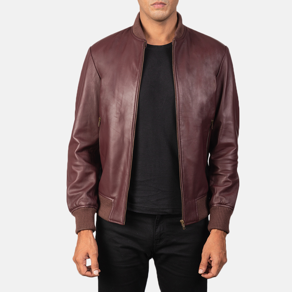 Men's Shane Maroon Leather Bomber Jacket