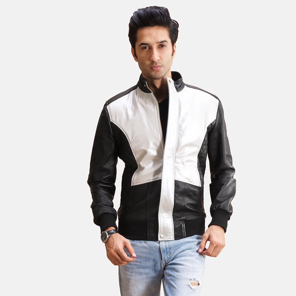 silver and black jacket