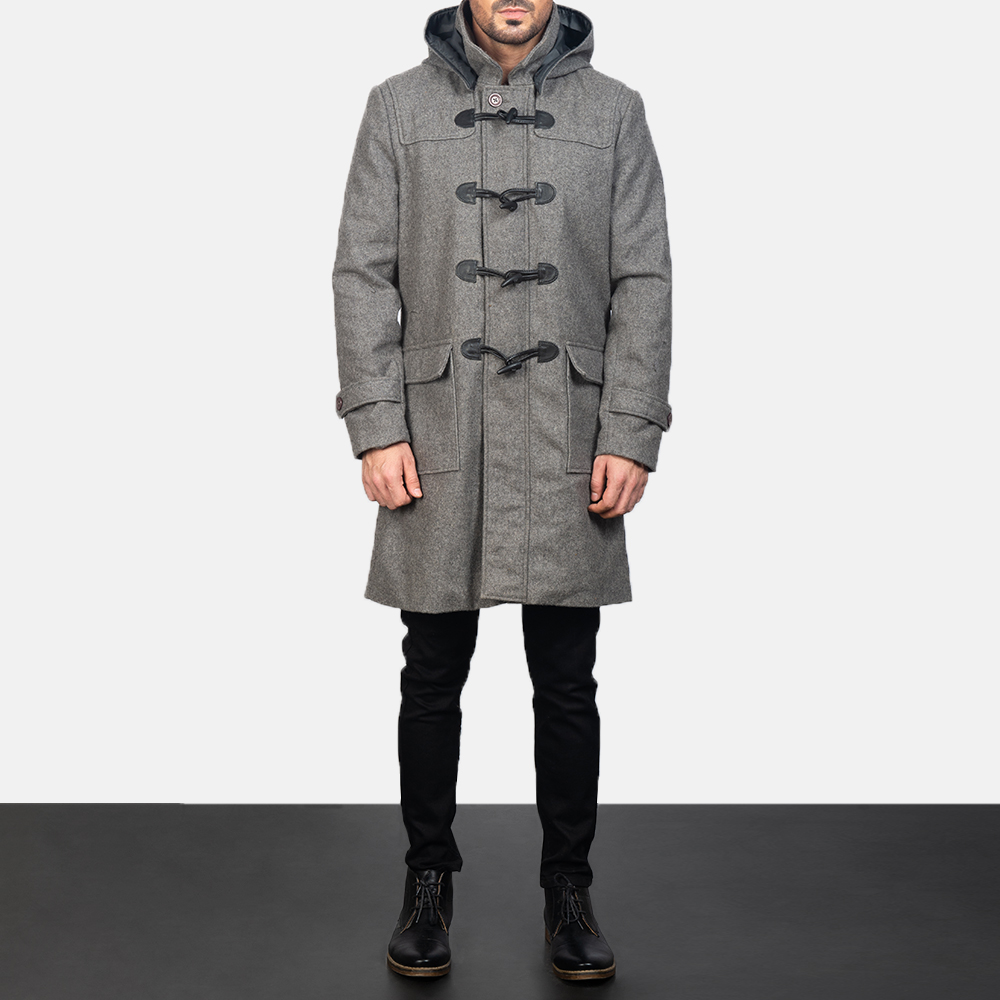 Boiled Wool Coat Grey Hooded Duffle Coat Mens Grey Duffle Coat