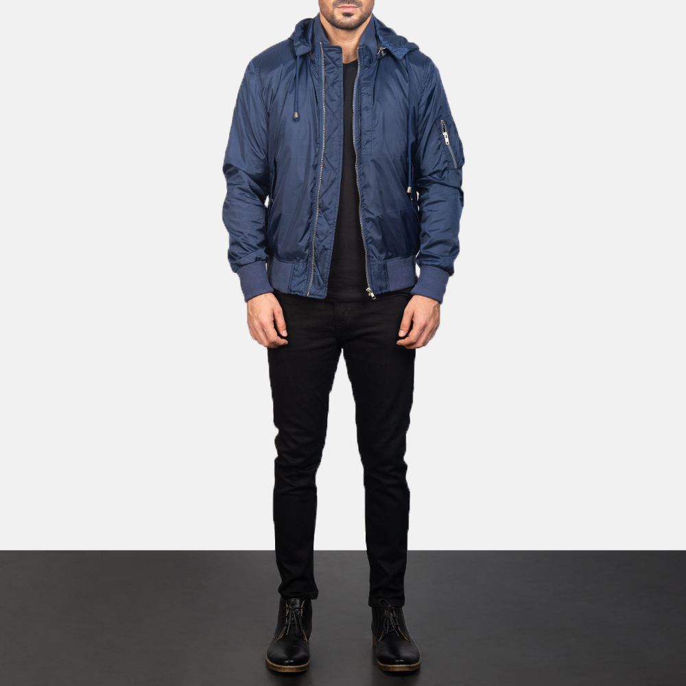 Navy Blue Bomber Hooded Baseball Leather Jacket 