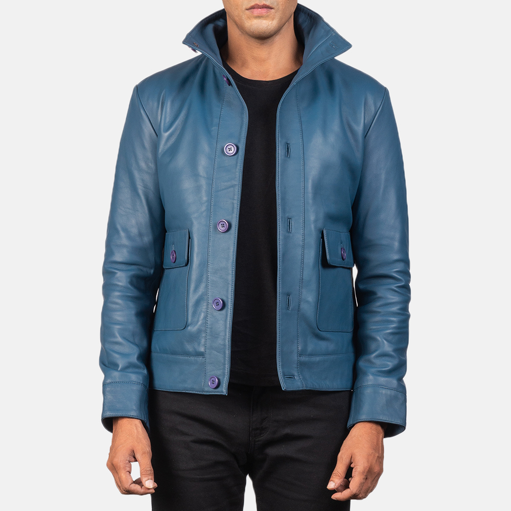 Men's Columbus Blue Leather Bomber Jacket