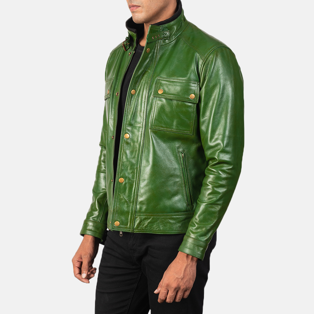 Men's Darren Distressed Green Leather Biker Jacket