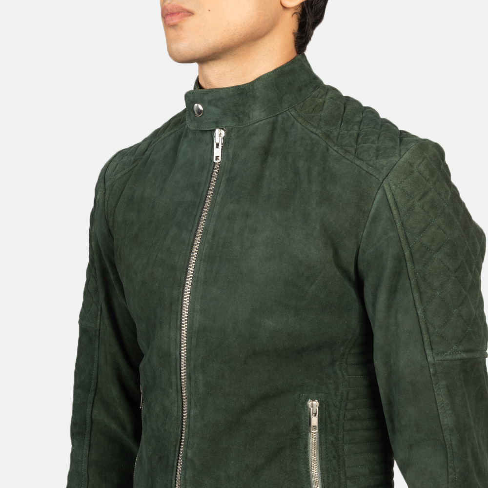 Men's Fernando Quilted Green Suede Biker Jacket