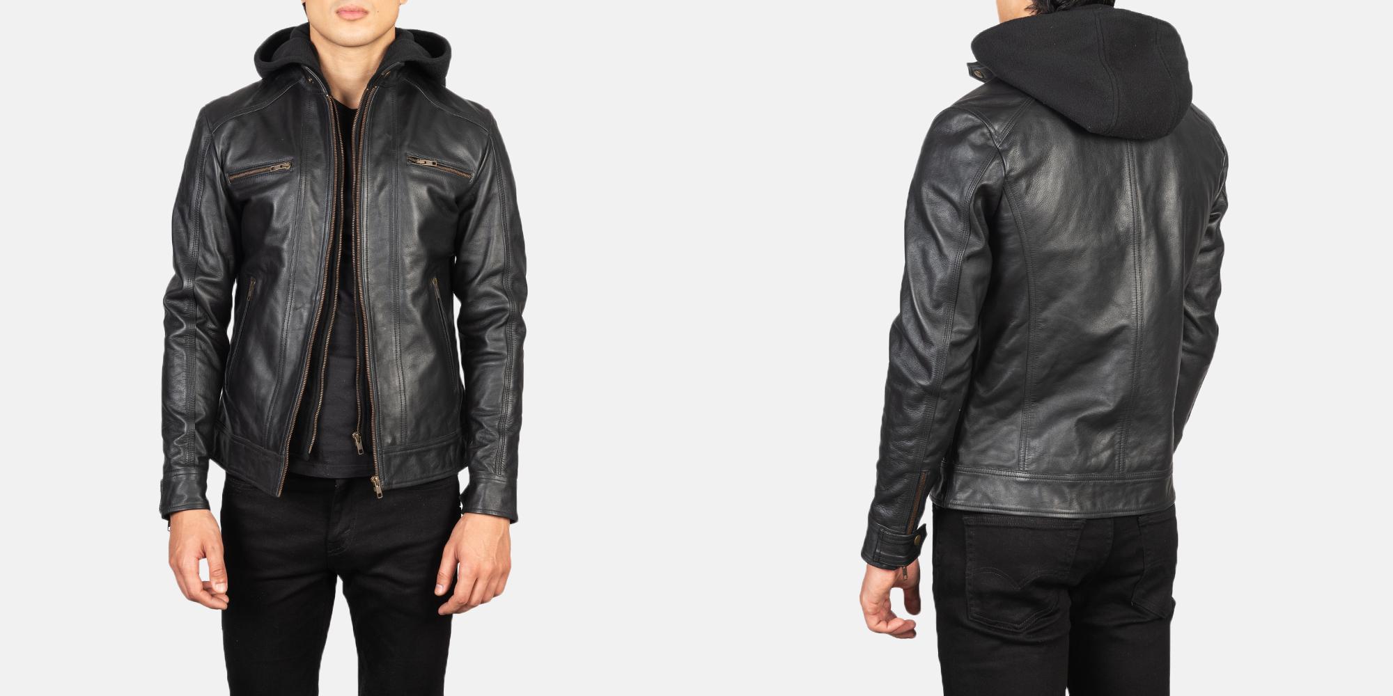 Men's Hector Black Hooded Leather Biker Jacket