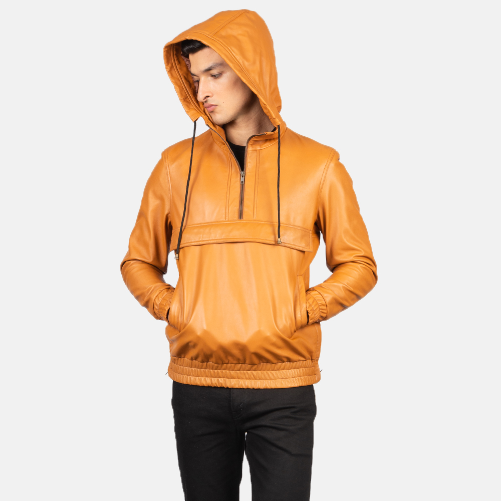 Men's Kenton Hooded Brown Leather Pullover Jacket