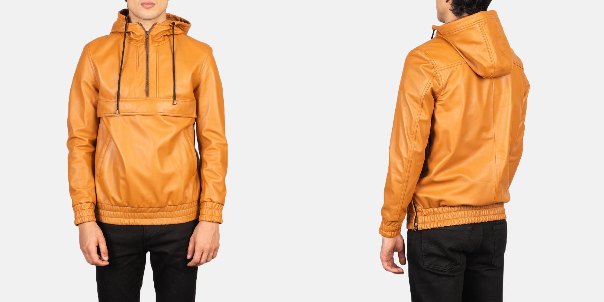 Men's Kenton Hooded Brown Leather Pullover Jacket