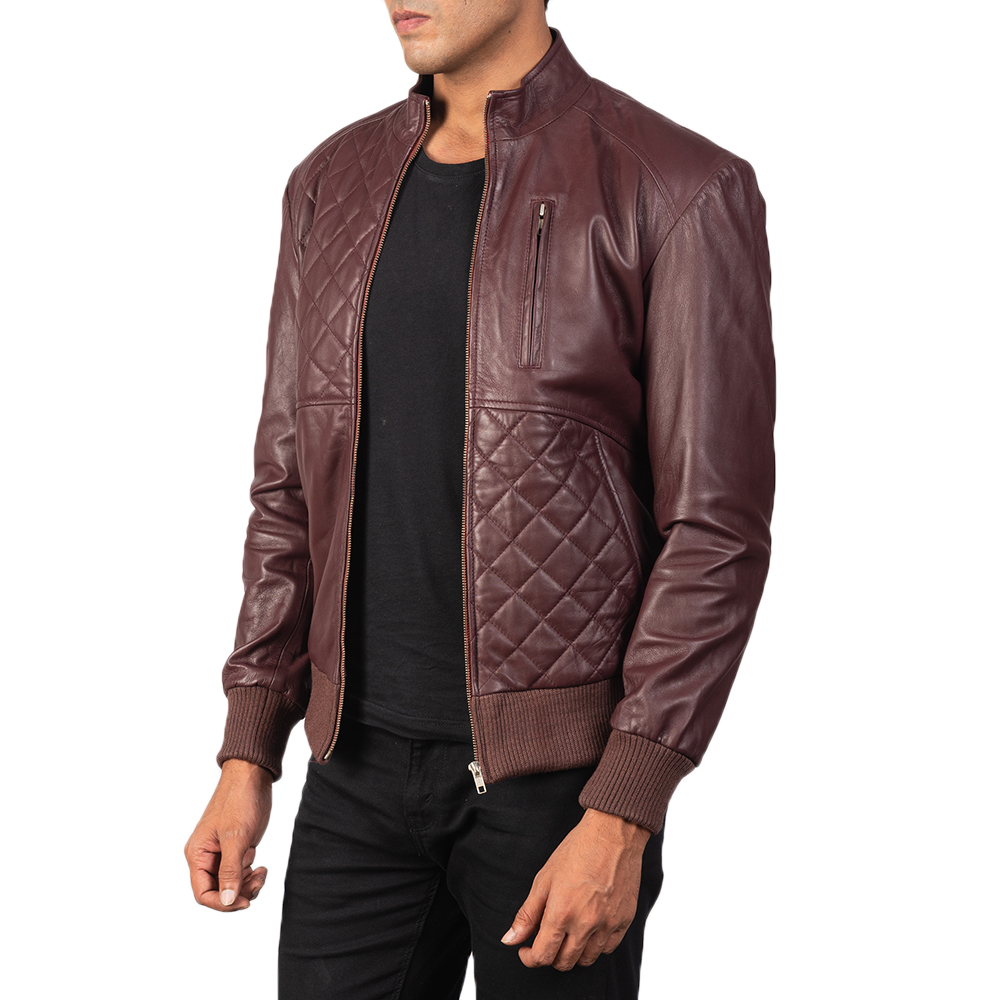 Men's Moda Quilted Maroon Leather Bomber Jacket