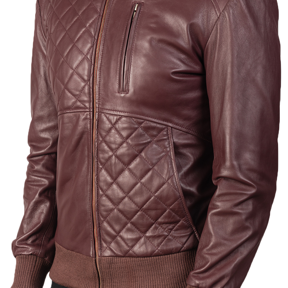 Men's Moda Quilted Maroon Leather Bomber Jacket