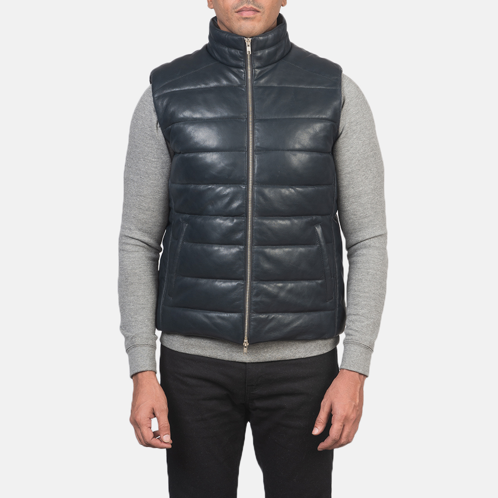 Men's Reeves Blue Leather Puffer Vest