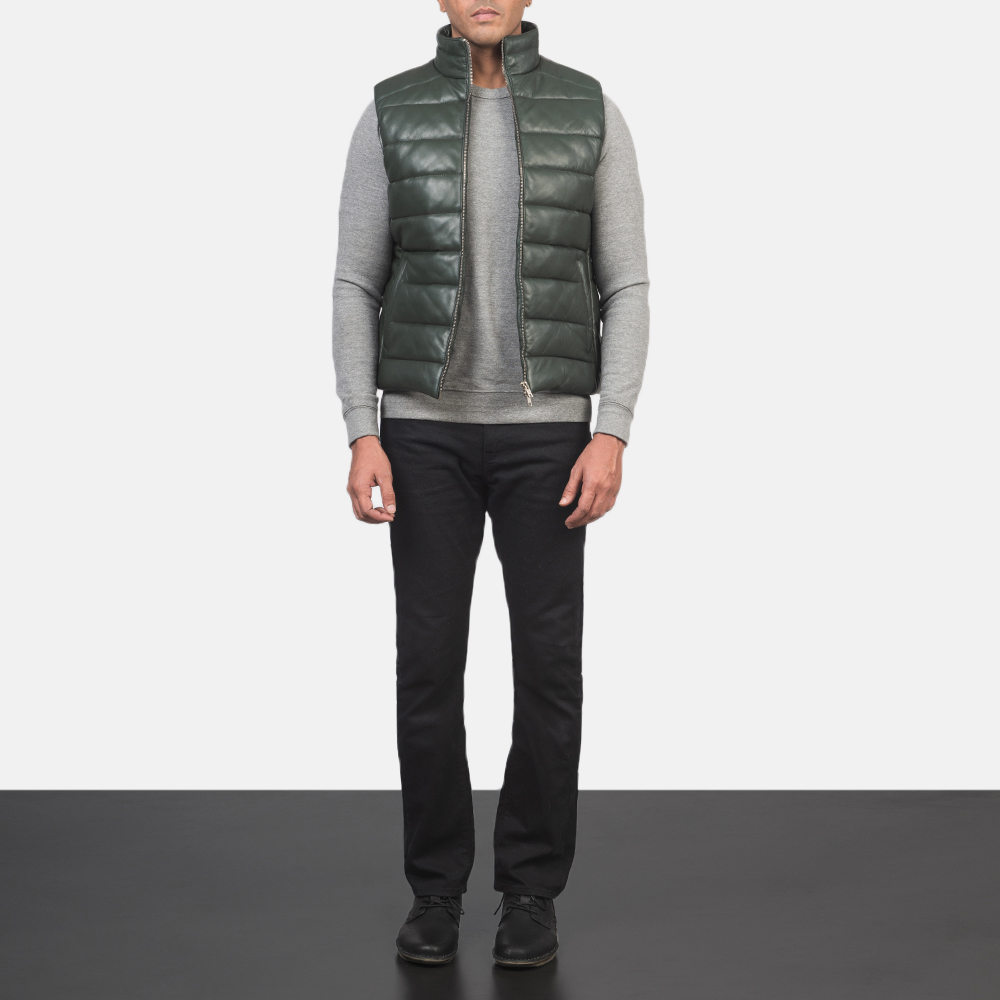 Men's Reeves Green Leather Puffer Vest
