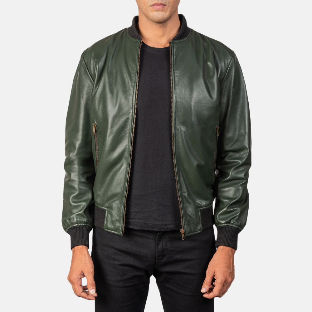 Men's Shane Army Green Leather Bomber Jacket