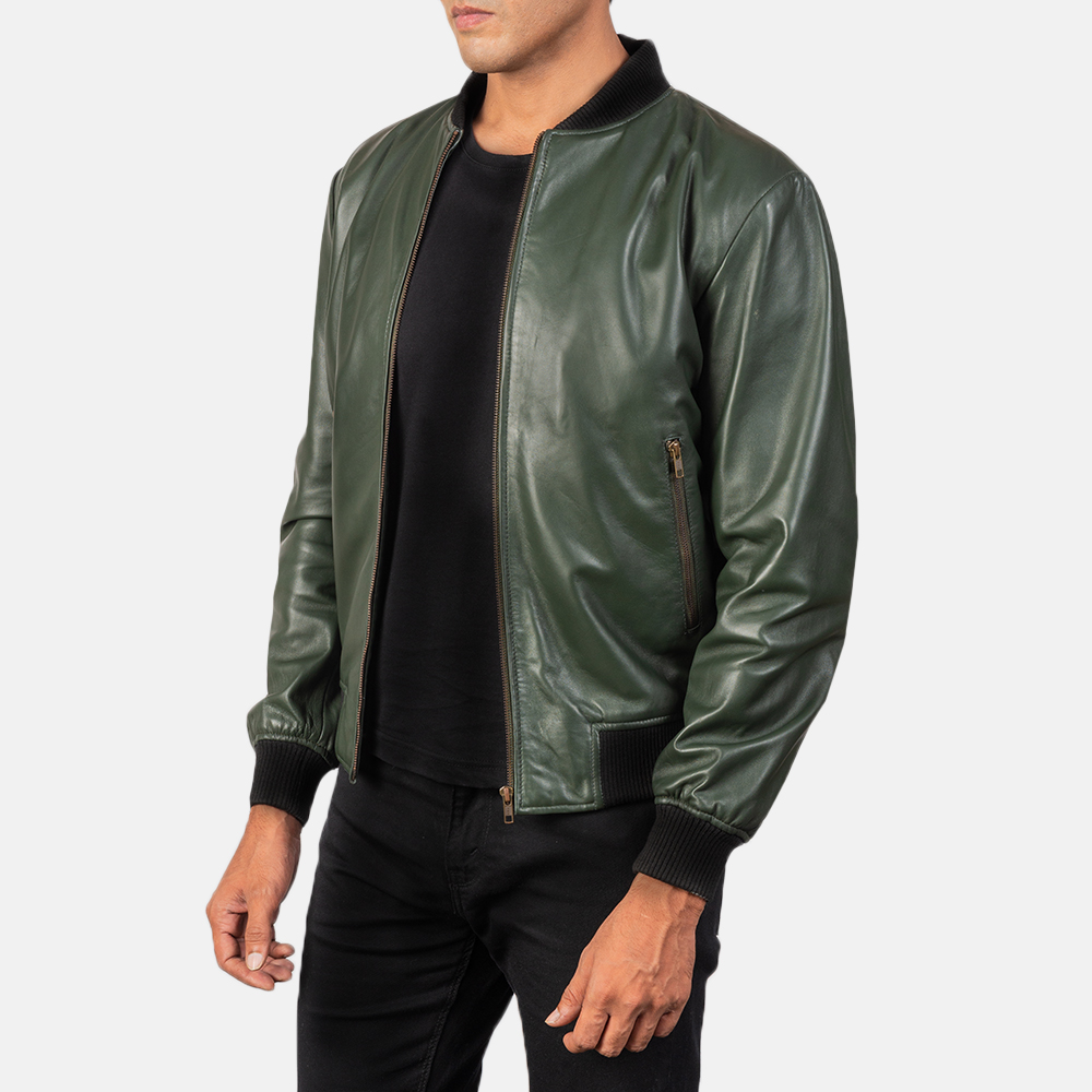 Men's Shane Army Green Leather Bomber Jacket