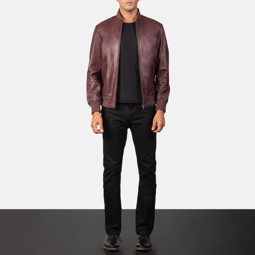 Men's Shane Maroon Leather Bomber Jacket