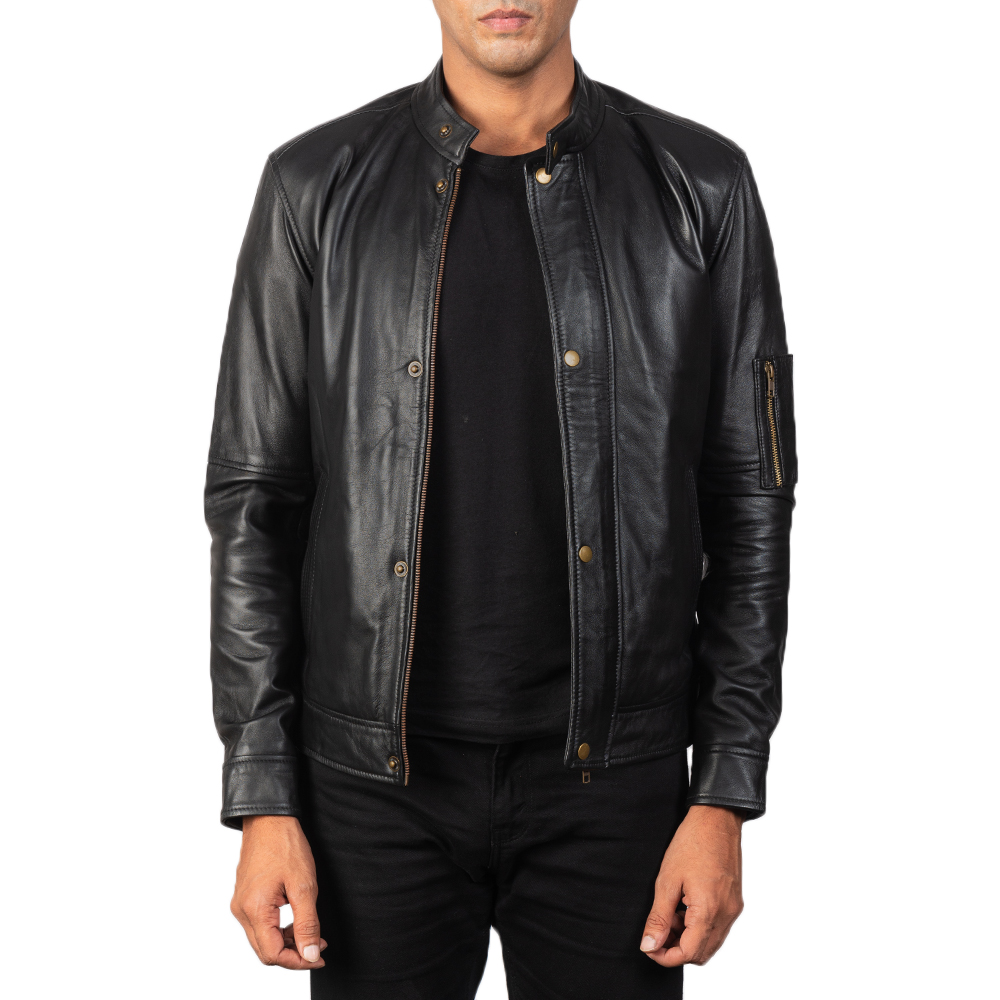 Mens Tea House Black Leather Biker Jacket