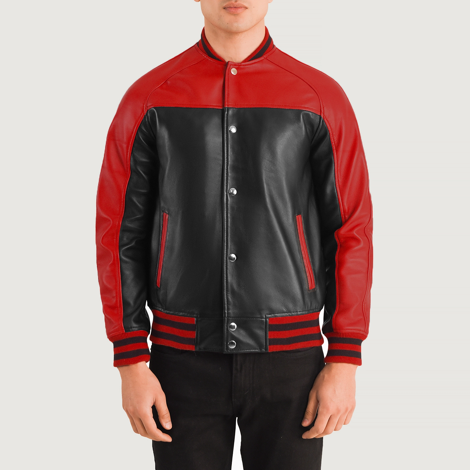 Terrance Black & Red Leather Varsity Jacket For Men