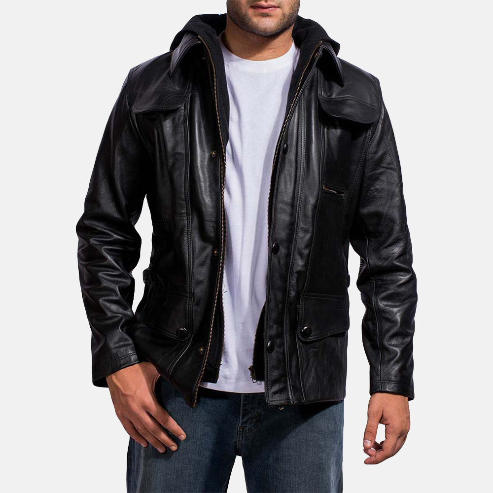 thumbnail image 2 of Men's Black Leather Jacket With Hood - Genuine Leather Hoodie Bomber Style Jacket 2 of 10
