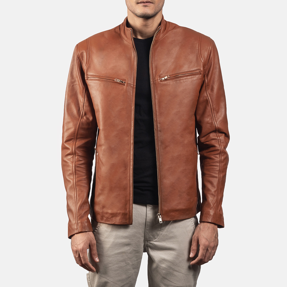 Mens Ionic Brown Leather Biker Jacket 1