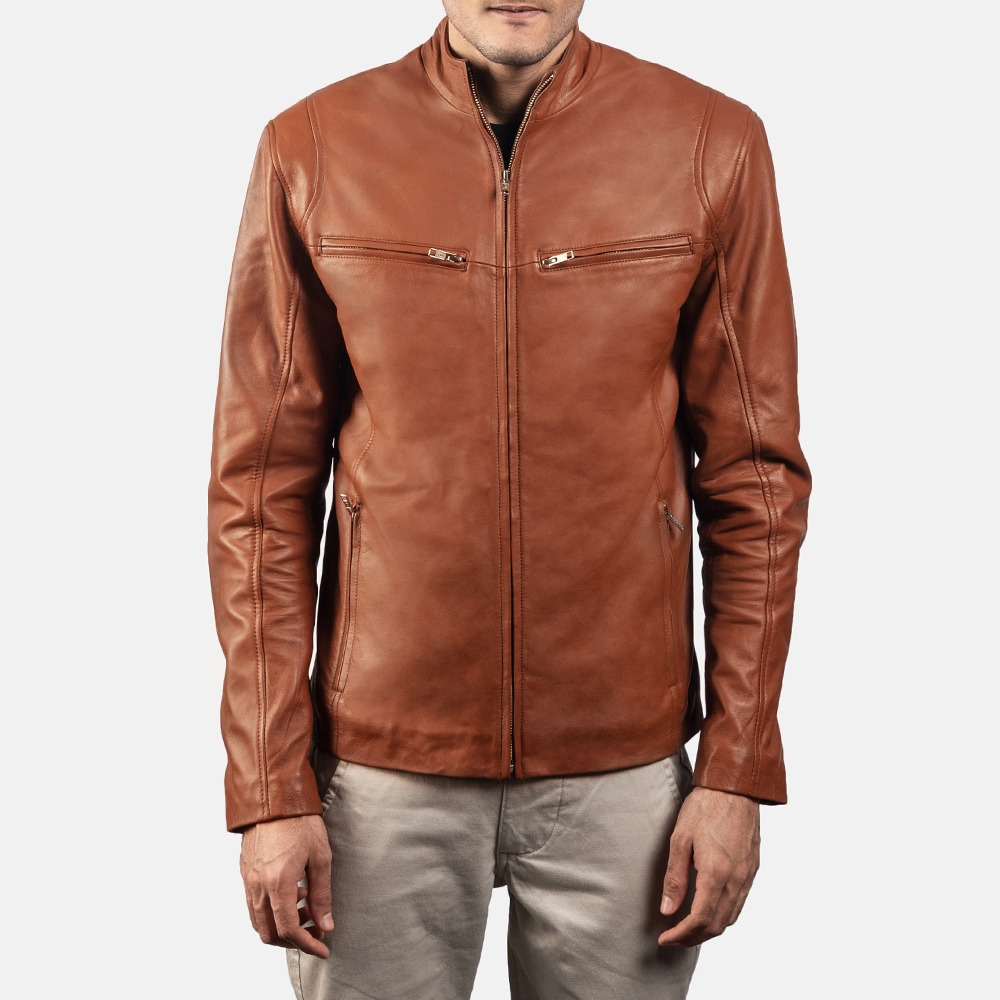 Mens Ionic Brown Leather Biker Jacket