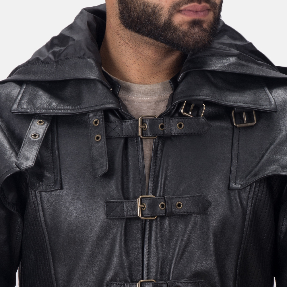 Mens Huntsman Black Hooded Leather Trench Coat