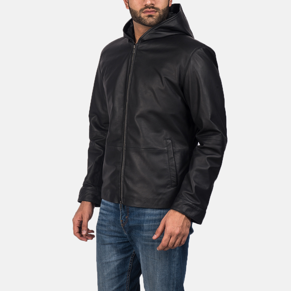 andy matte black hooded leather jacket