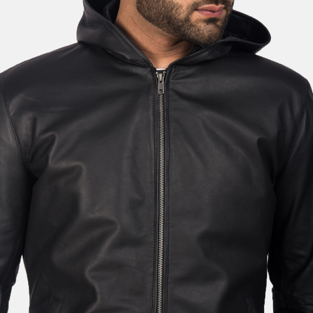 andy matte black hooded leather jacket