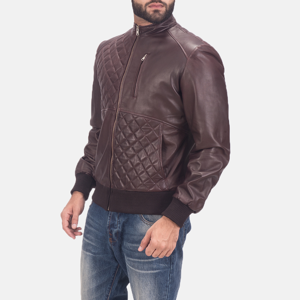 Mens Moda Quilted Maroon Leather Bomber Jacket