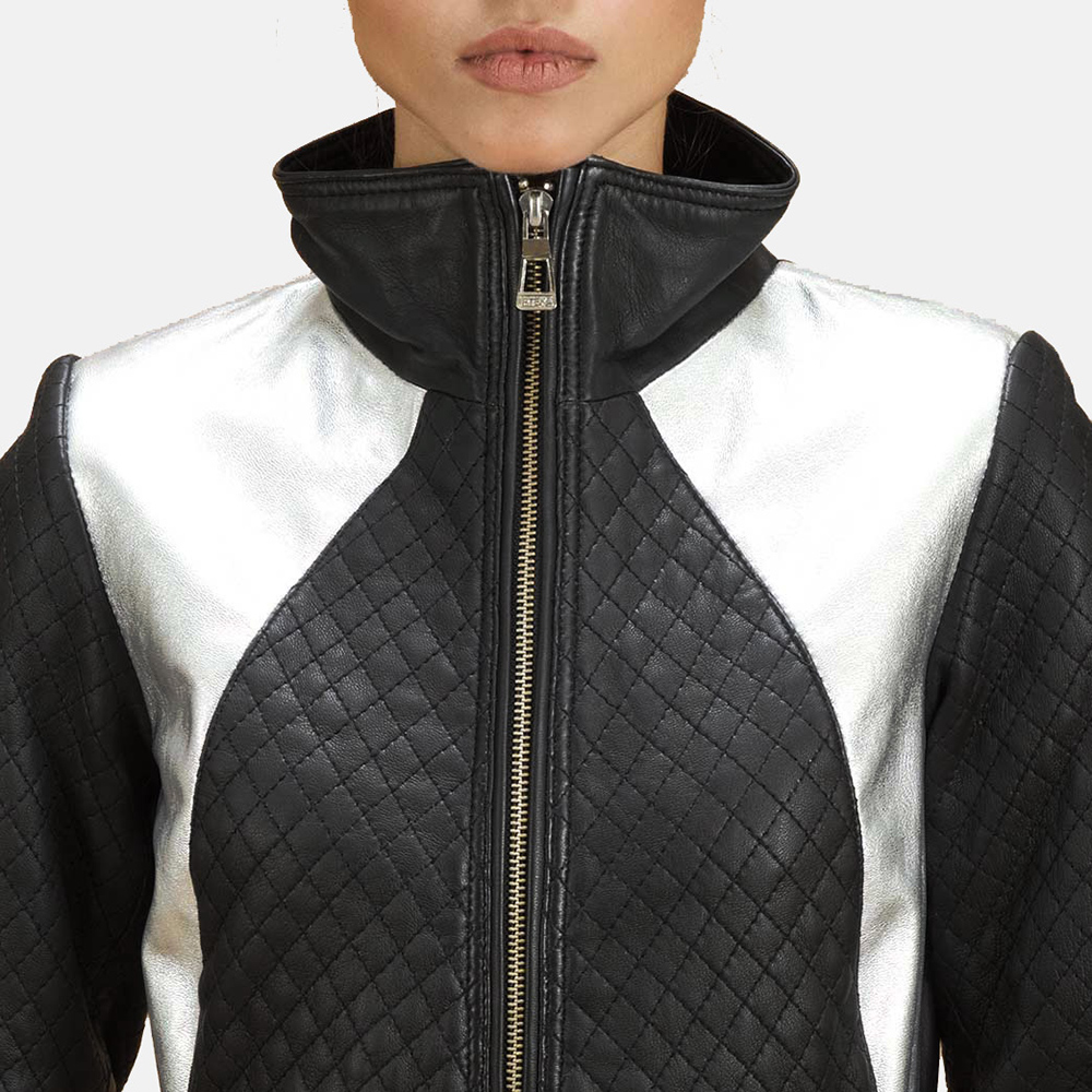 Womens Alia Metallic Black Leather Biker Jacket