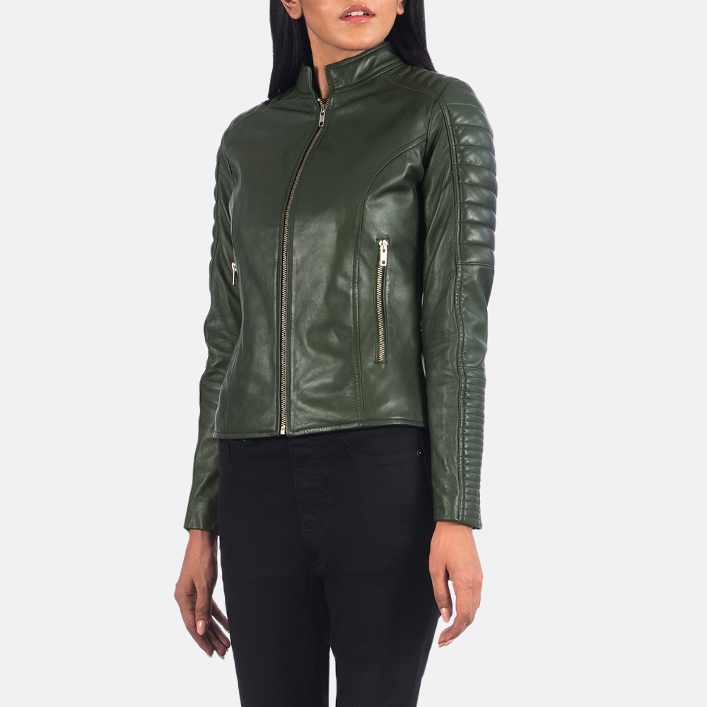 Women's Adalyn Quilted Green Leather Biker Jacket