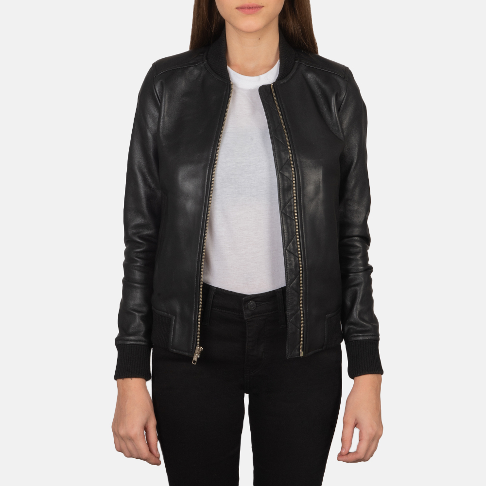 Women's Bliss Black Leather Bomber Jacket