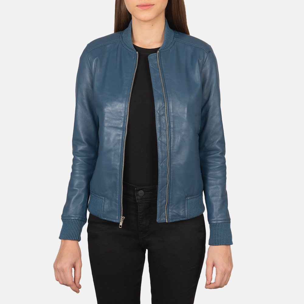 Women's Bliss Blue Leather Bomber Jacket