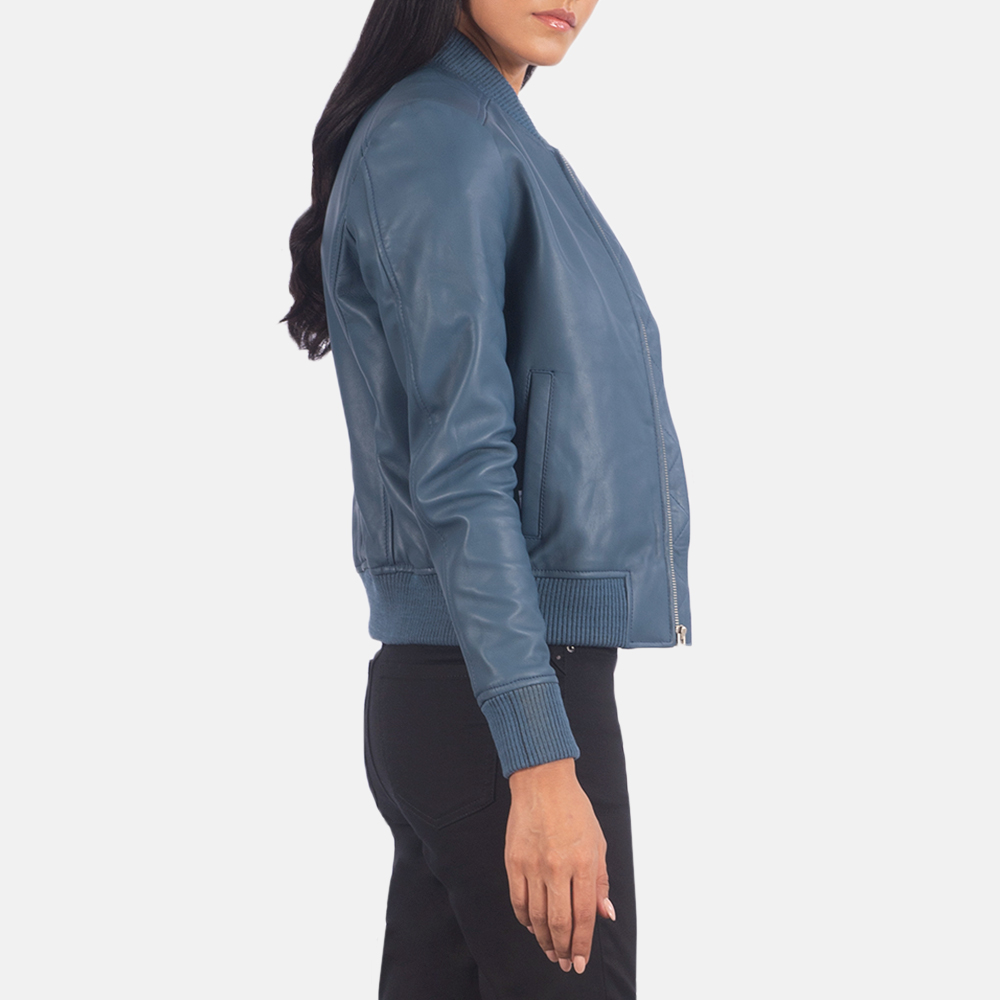 Women's Bliss Blue Leather Bomber Jacket