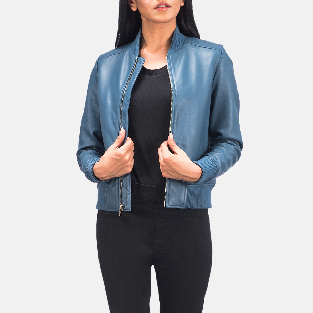 Women's Bliss Blue Leather Bomber Jacket