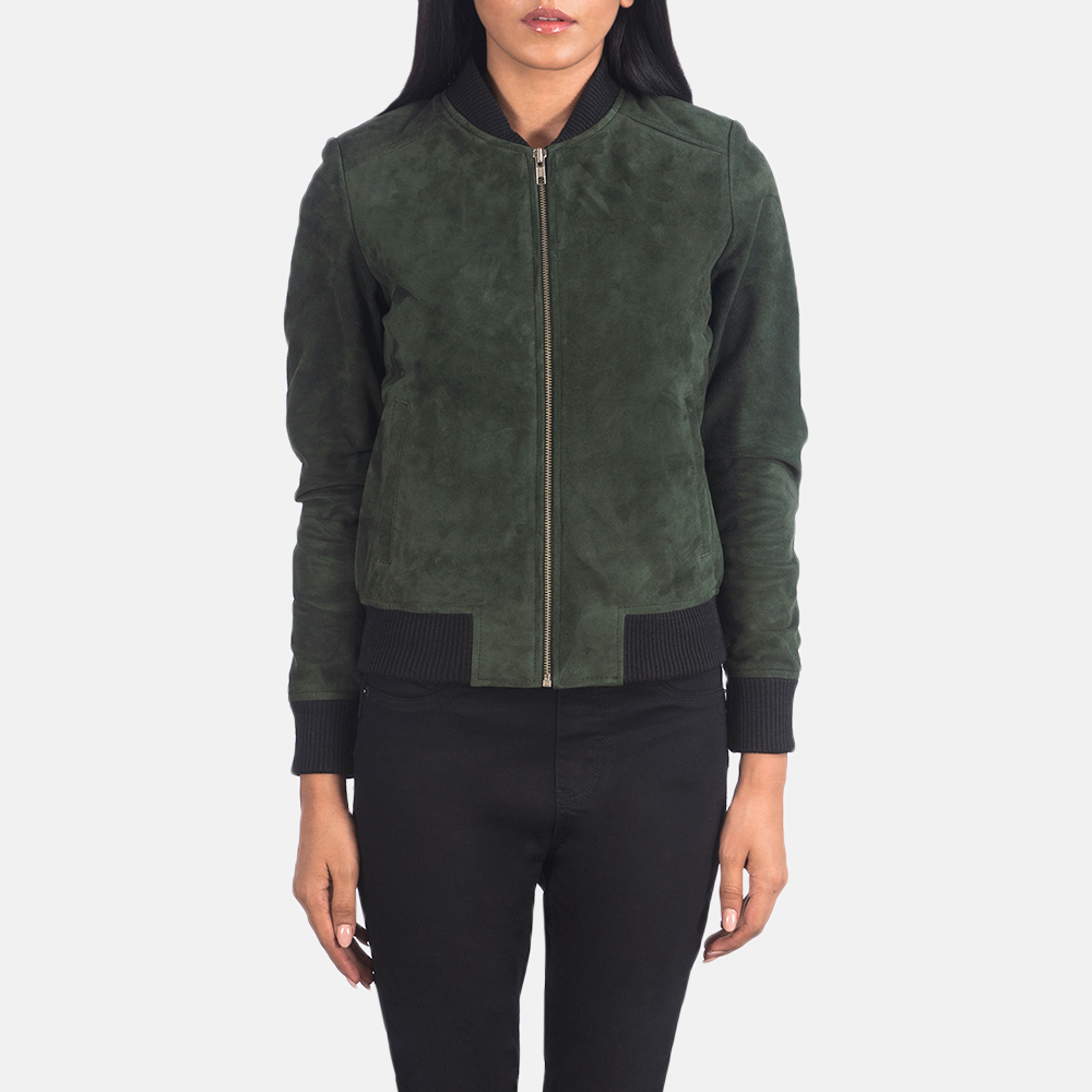 Women's Bliss Green Suede Bomber Jacket