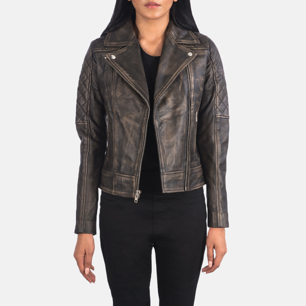 Women's Carolyn Quilted Distressed Brown Biker Jacket