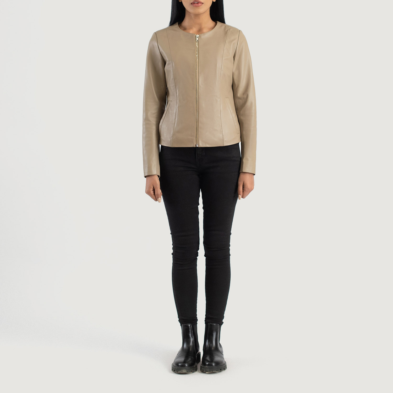 Women's Elixir Beige Collarless Leather Jacket