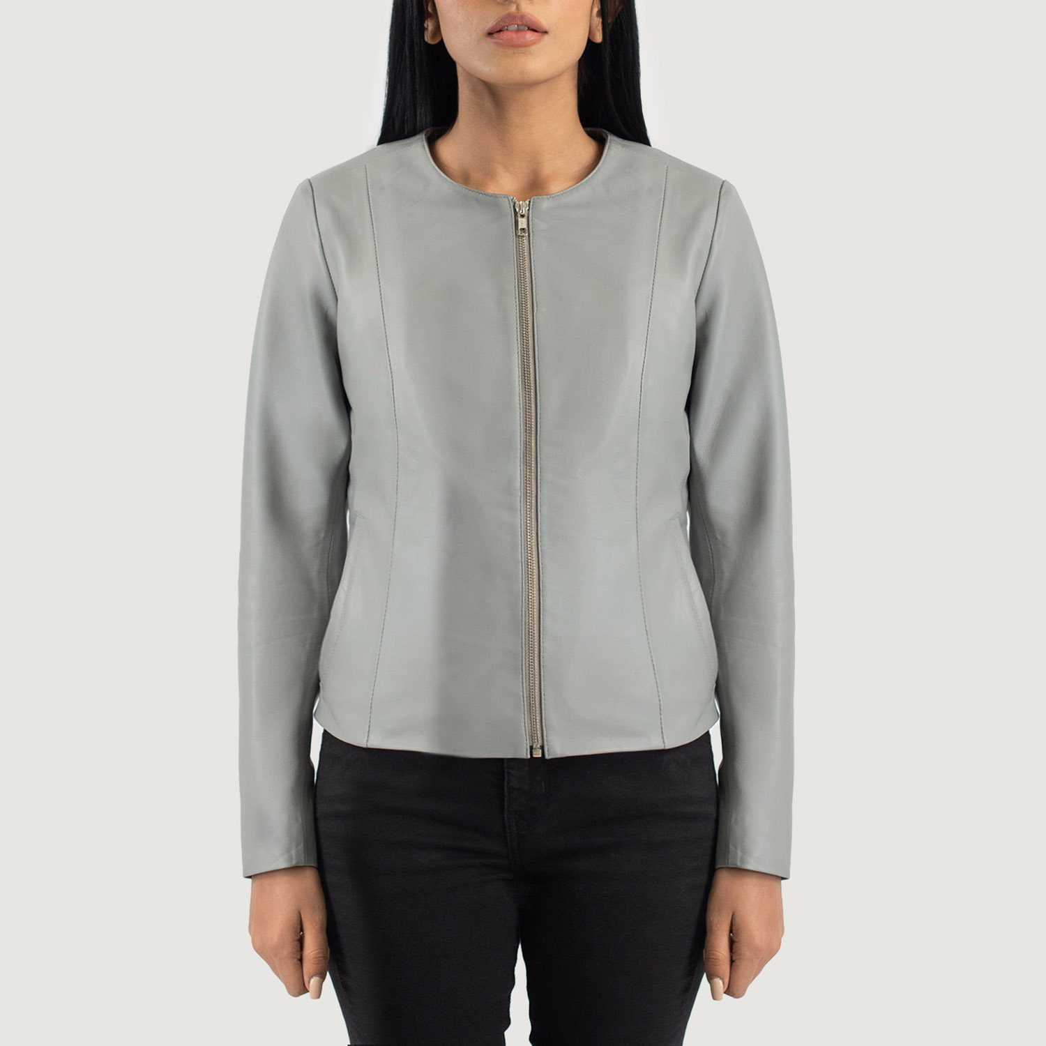 Women's Elixir Grey Collarless Leather Jacket