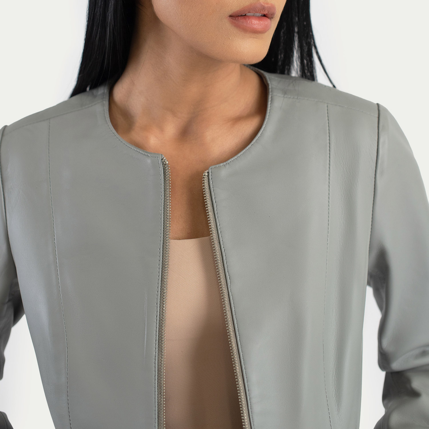 Women's Elixir Grey Collarless Leather Jacket