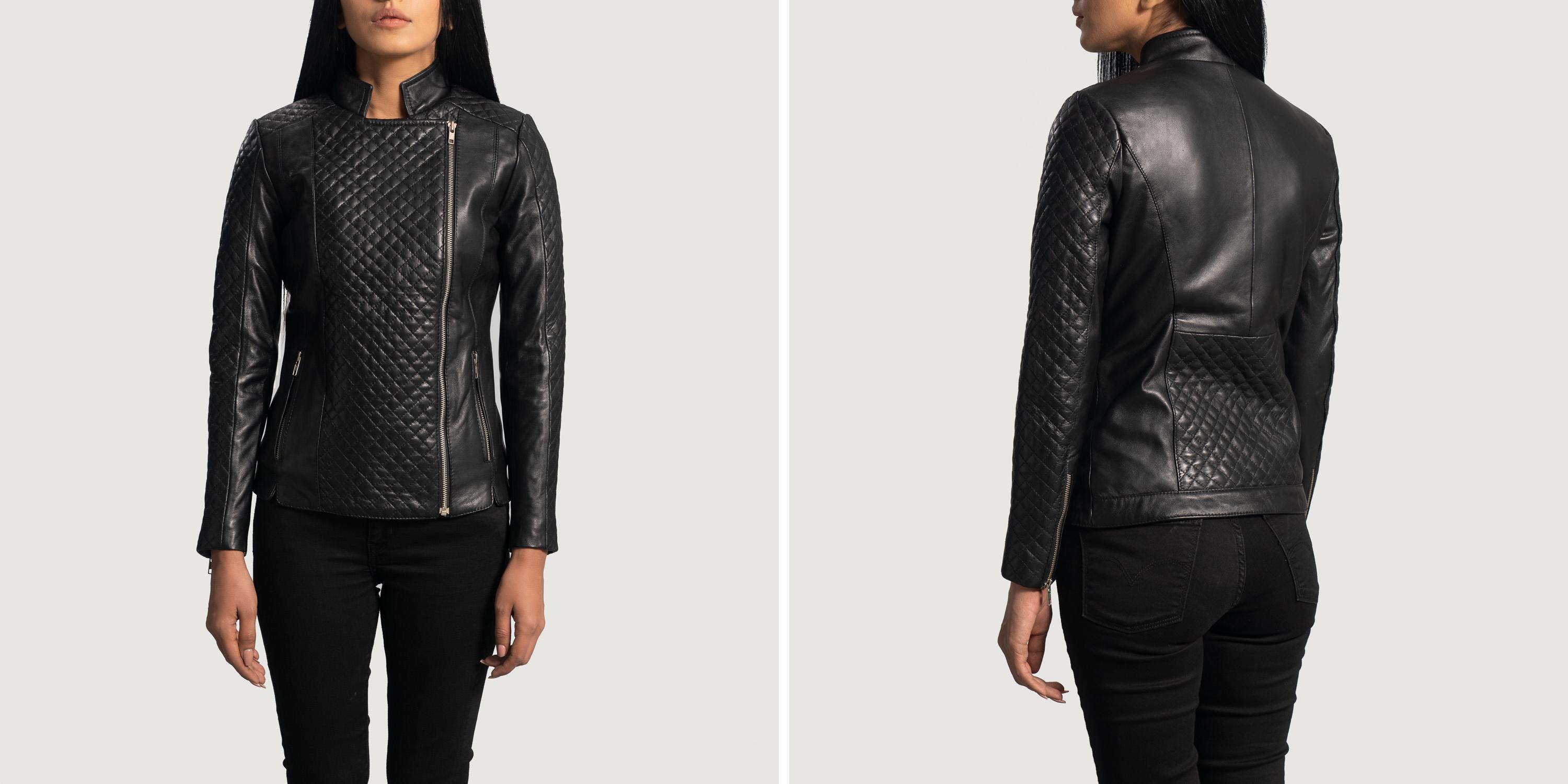 Womens Orient Grain Quilted Black Leather Biker Jacket