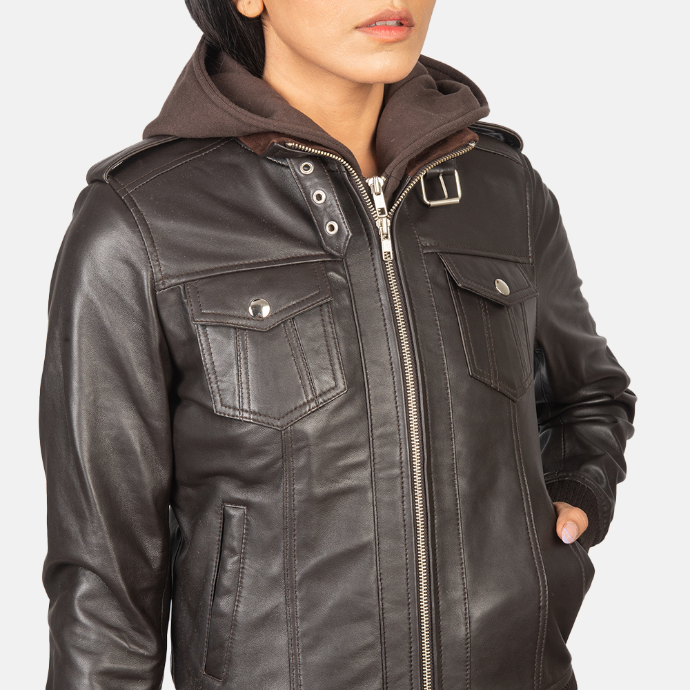 Women's Roslyn Brown Hooded Leather Bomber Jacket